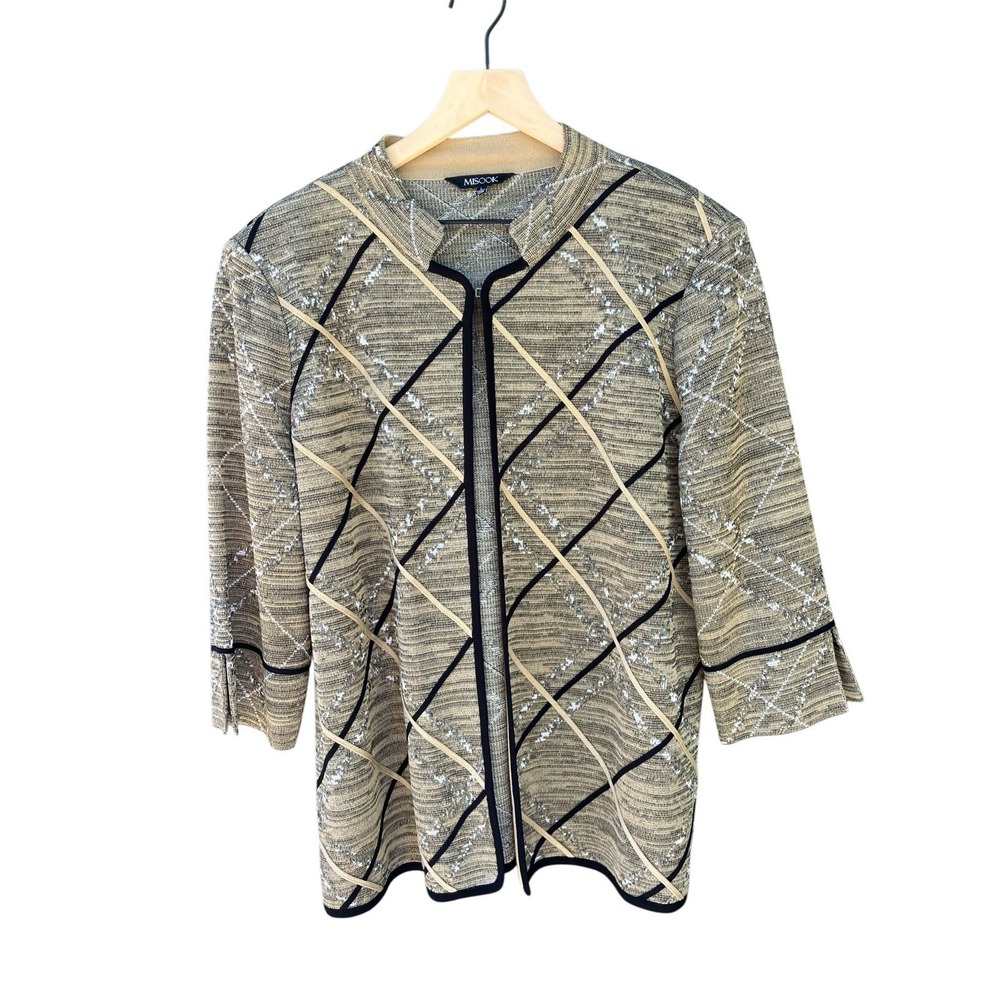 MISOOK Knit Jacket Cardigan Top L Tan Black White Raised Ribbon Diagonal Stripe